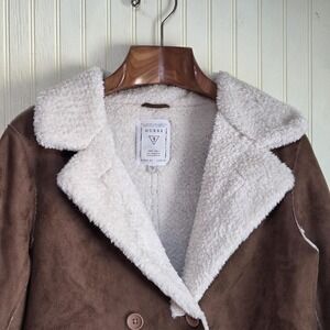 Guess Coat Womens Medium Brown Faux Shearling Lined Winter Overcoat Button Front